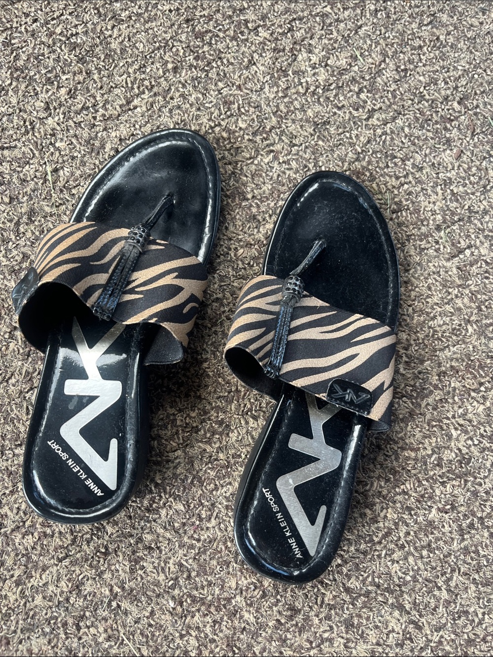Anne Klein Sport Black Footbed Brown Zebra-Print Thong Sandals